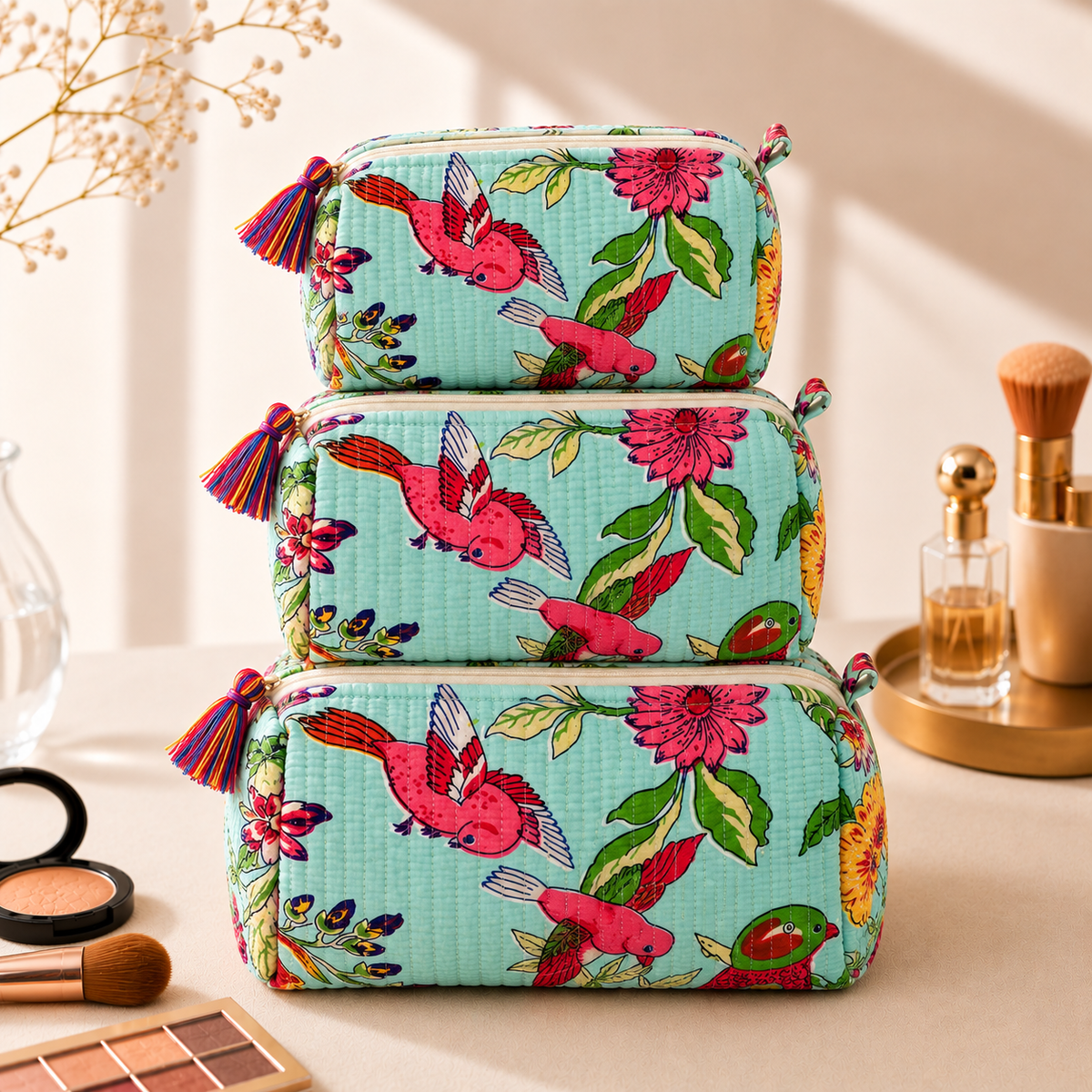 Set Of 3 Makeup Bag, Aqua Avian Bird Block Print Cotton Travel Case, Quilted Cosmetic Storage Bag Set