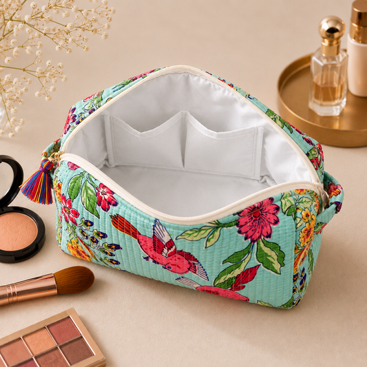 Set Of 3 Makeup Bag, Aqua Avian Bird Block Print Cotton Travel Case, Quilted Cosmetic Storage Bag Set
