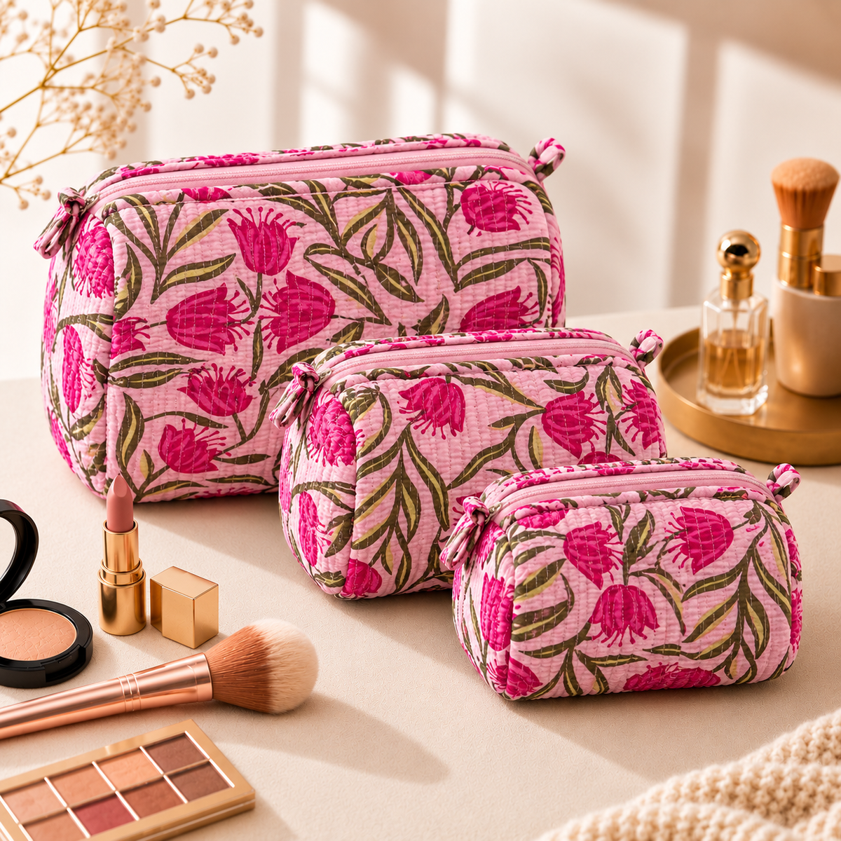 Set Of 3 Makeup Bag, Rose Tulip Floral Block Print Cotton Travel Case, Quilted Cosmetic Storage Bag Set