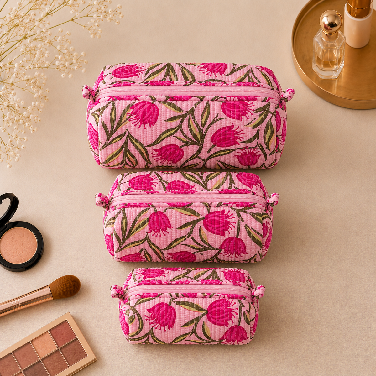 Set Of 3 Makeup Bag, Rose Tulip Floral Block Print Cotton Travel Case, Quilted Cosmetic Storage Bag Set