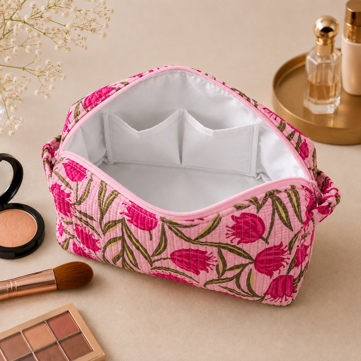 Set Of 3 Makeup Bag, Rose Tulip Floral Block Print Cotton Travel Case, Quilted Cosmetic Storage Bag Set