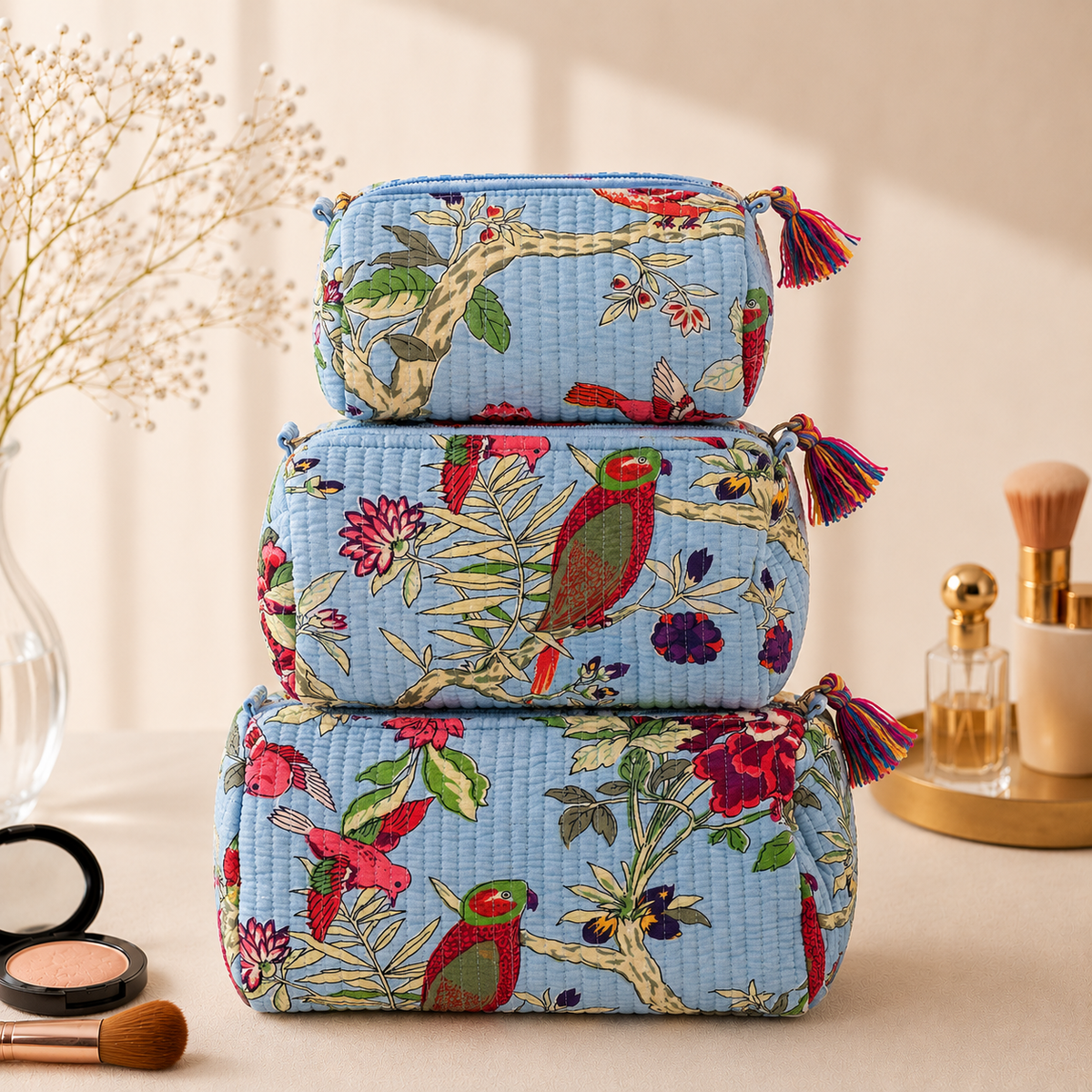 Set Of 3 Makeup Bag, Sky Avian Parrot Block Print Cotton Travel Case, Quilted Cosmetic Storage Bag Set