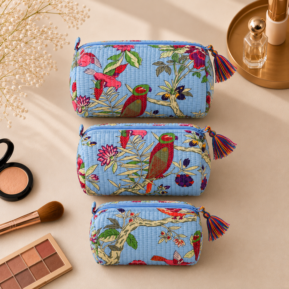 Set Of 3 Makeup Bag, Sky Avian Parrot Block Print Cotton Travel Case, Quilted Cosmetic Storage Bag Set