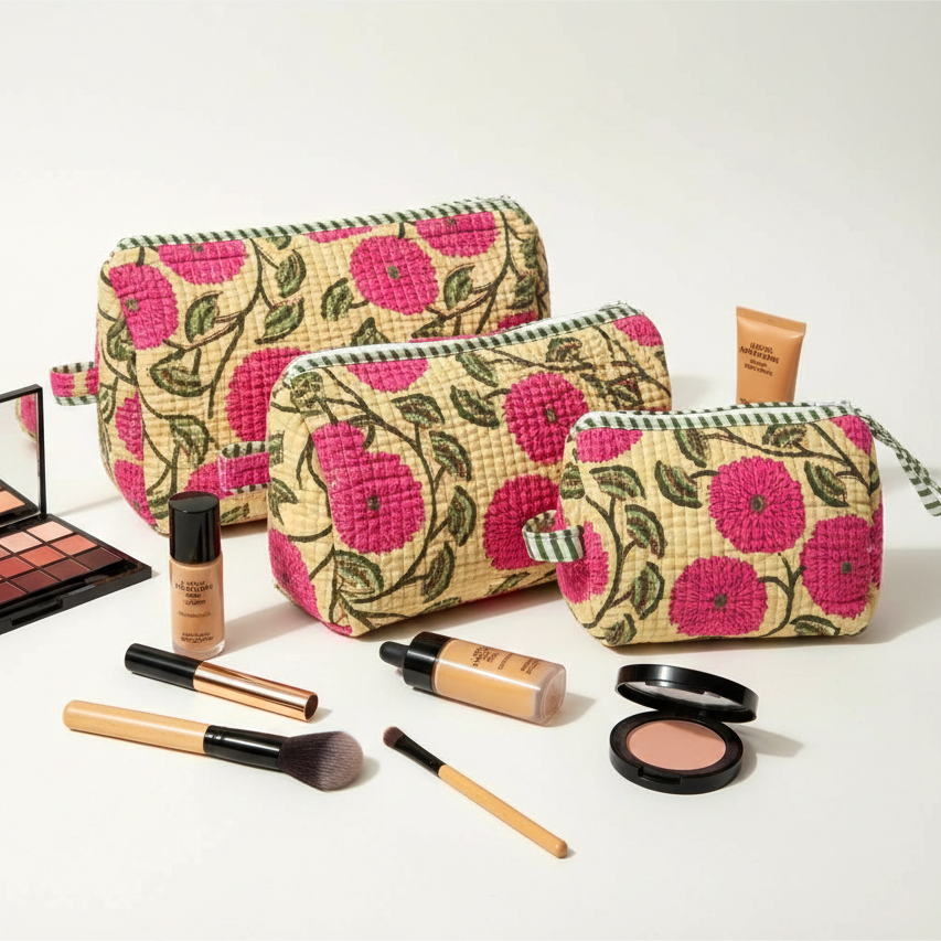 Set Of 3 Makeup Bag, Magenta Bud Floral Block Print Cotton Travel Case, Quilted Cosmetic Storage Bag Set