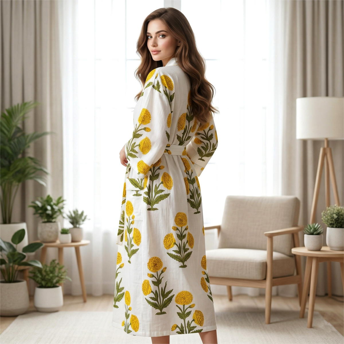 Handcrafted Block Print Cotton Kimono Robe | White & Golden Yellow Floral Botanical Lounge Robe | Spa & Sleepwear