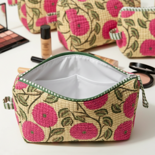 Set Of 3 Makeup Bag, Cream Bagh Floral Block Print Cotton Toiletry Kit, Quilted Travel Vanity Cosmetic Pouch