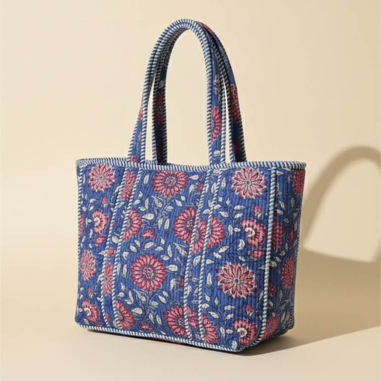 Handmade Blue Floral Block Print Quilted Cotton Tote Bag, Indian Boho Shoulder Bag, Botanical Travel Shopping Beach Bag