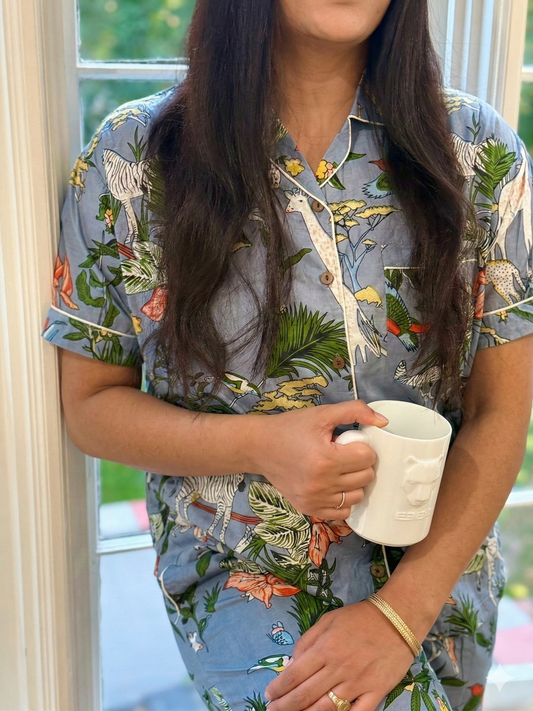 Grey Jungle Safari Hand Block Print Cotton Pajama Set, Holiday Sleepwear &amp; Loungewear, Christmas Gift