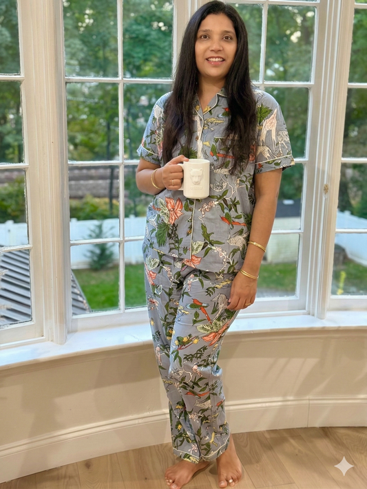 Grey Jungle Safari Hand Block Print Cotton Pajama Set, Holiday Sleepwear &amp; Loungewear, Christmas Gift