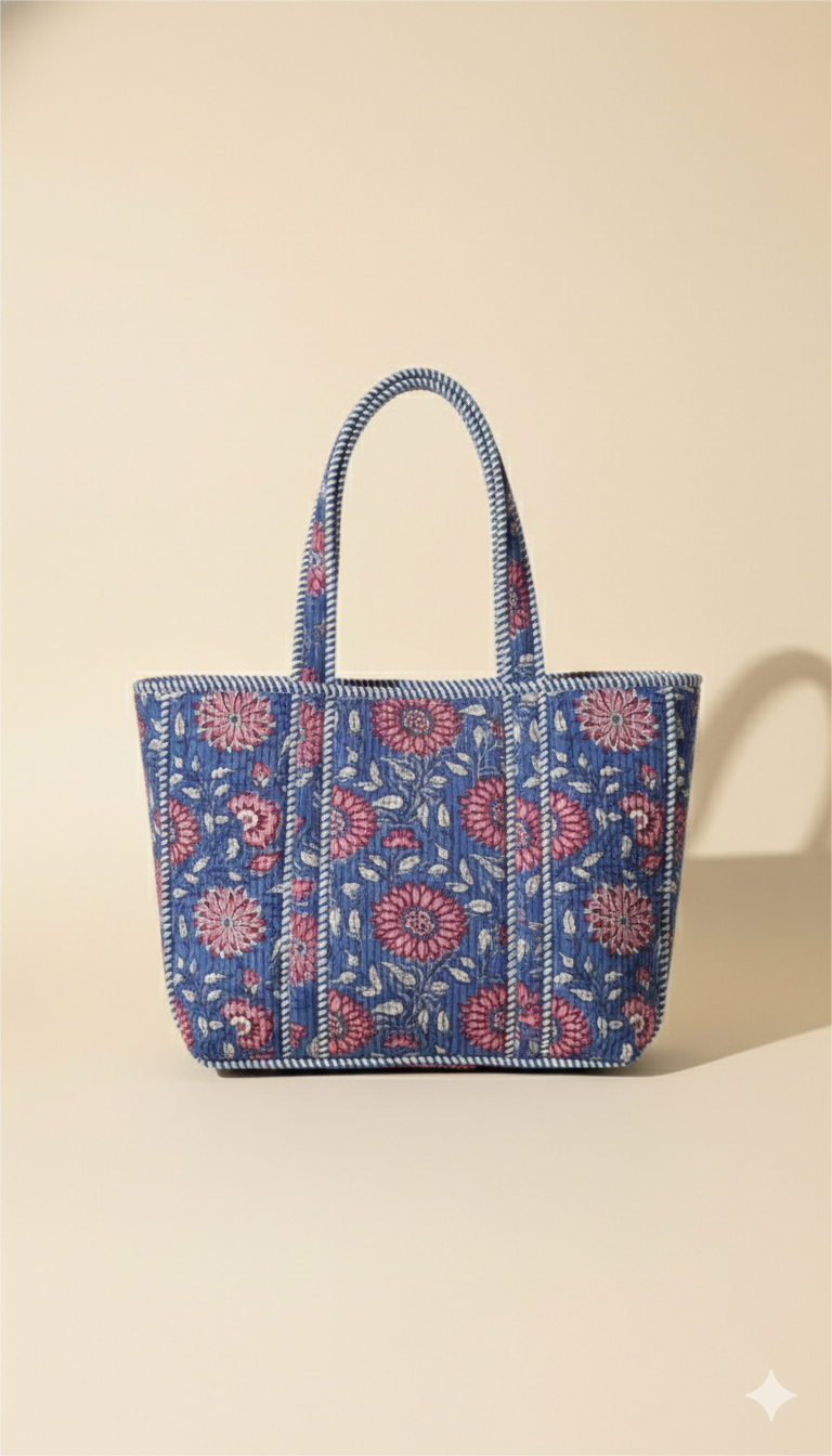 Handmade Blue Floral Block Print Quilted Cotton Tote Bag, Indian Boho Shoulder Bag, Botanical Travel Shopping Beach Bag