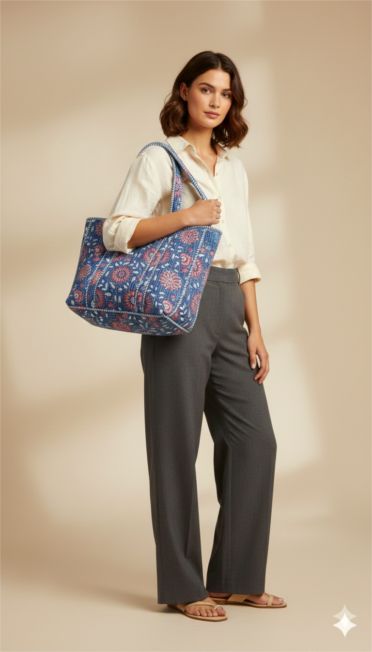 Handmade Blue Floral Block Print Quilted Cotton Tote Bag, Indian Boho Shoulder Bag, Botanical Travel Shopping Beach Bag