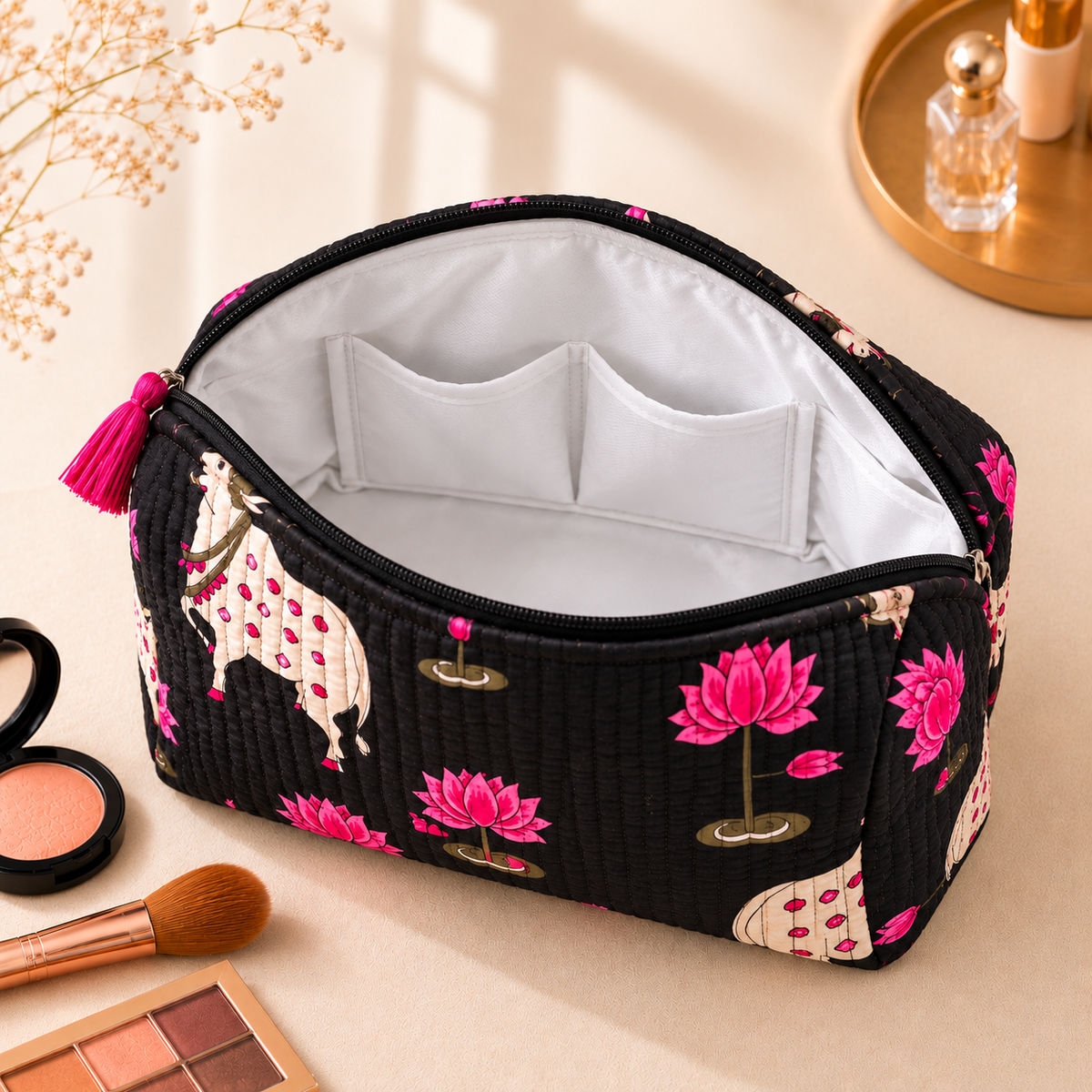 Set Of 3 Makeup Bag, Midnight Pichwai Block Print Cotton Travel Case, Quilted Cosmetic Storage Bag Set