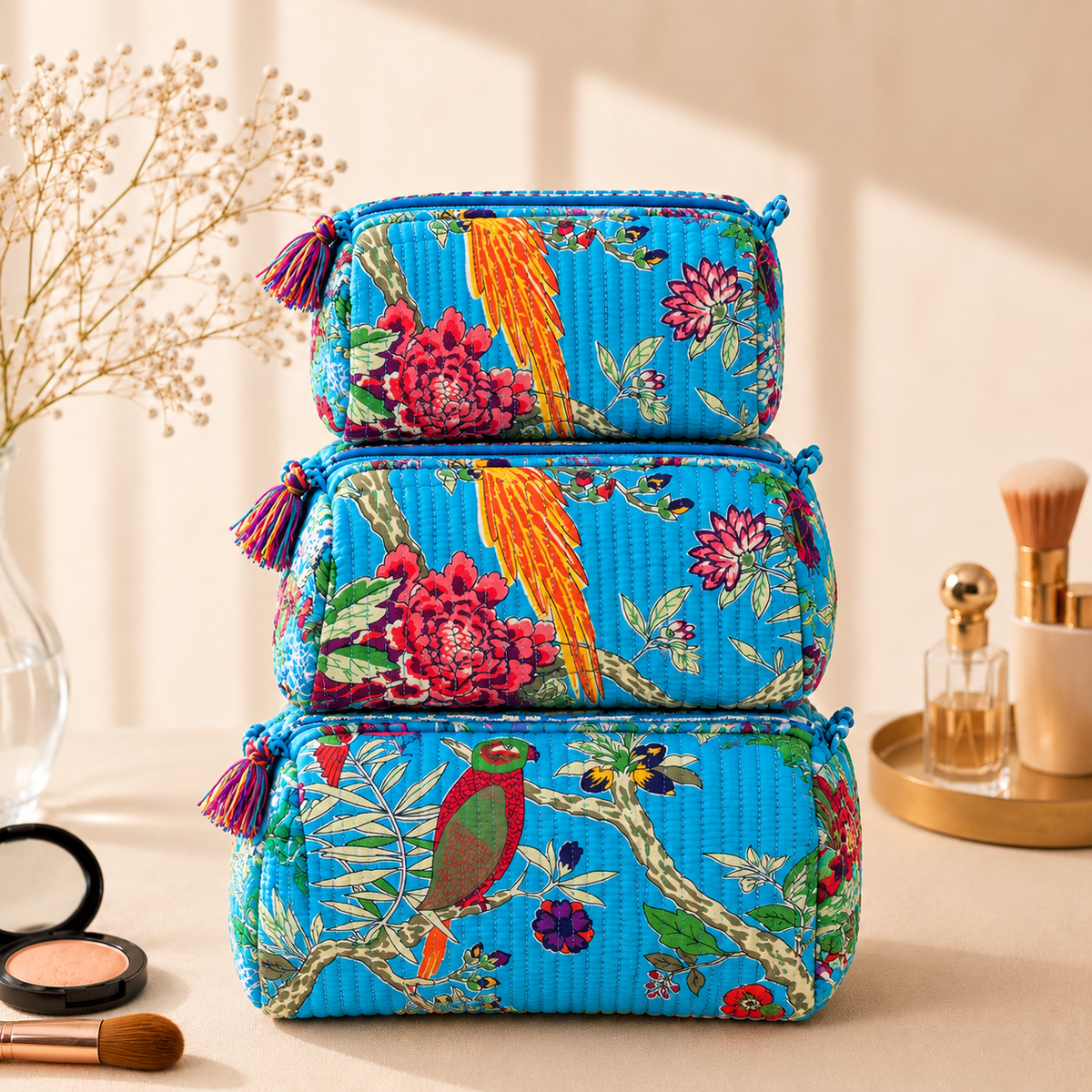 Set Of 3 Makeup Bag, Azure Parrot Floral Block Print Cotton Travel Case, Quilted Cosmetic Storage Bag Set