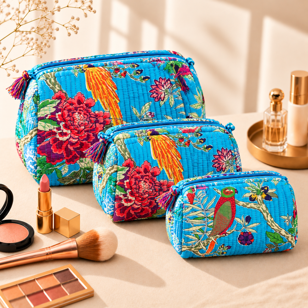 Set Of 3 Makeup Bag, Azure Parrot Floral Block Print Cotton Travel Case, Quilted Cosmetic Storage Bag Set