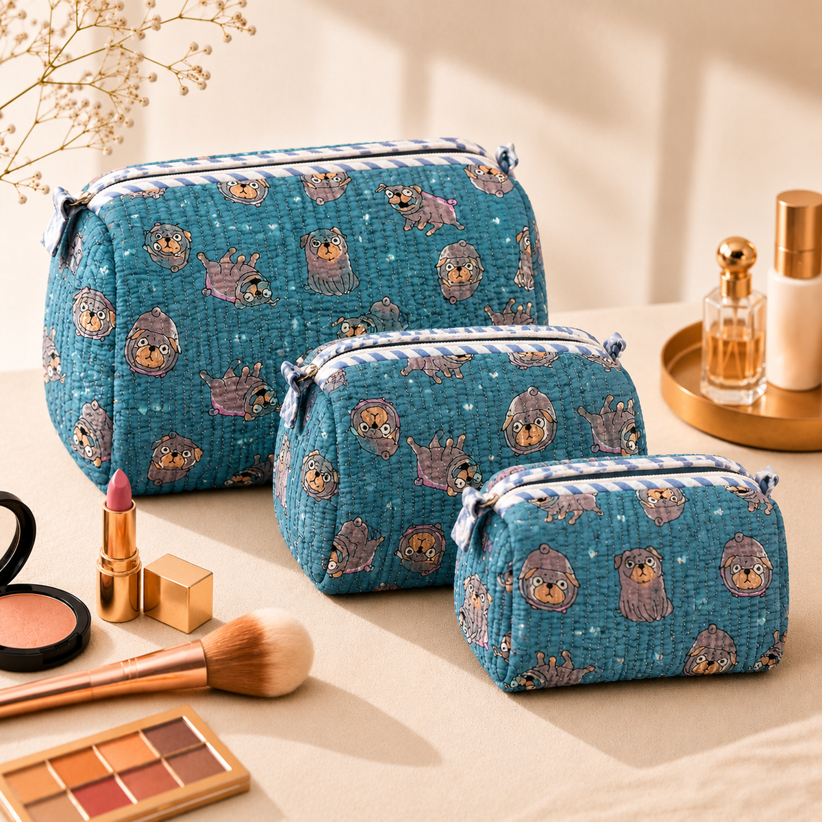 Set Of 3 Makeup Bag, Teal Pug Animal Print Cotton Travel Case, Quilted Cosmetic Storage Bag Set