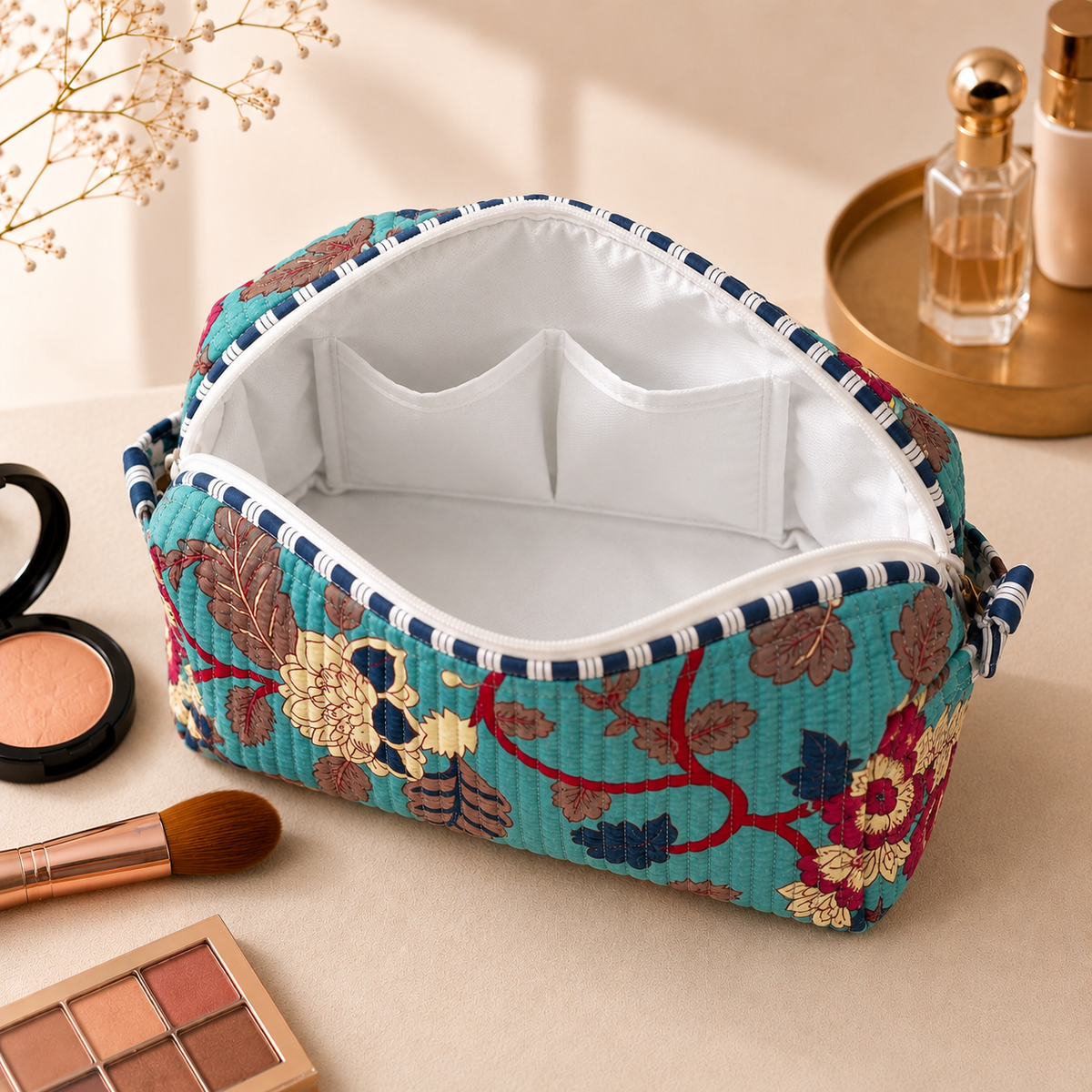 Set Of 3 Makeup Bag, Teal Heritage Floral Block Print Cotton Travel Case, Quilted Cosmetic Storage Bag Set