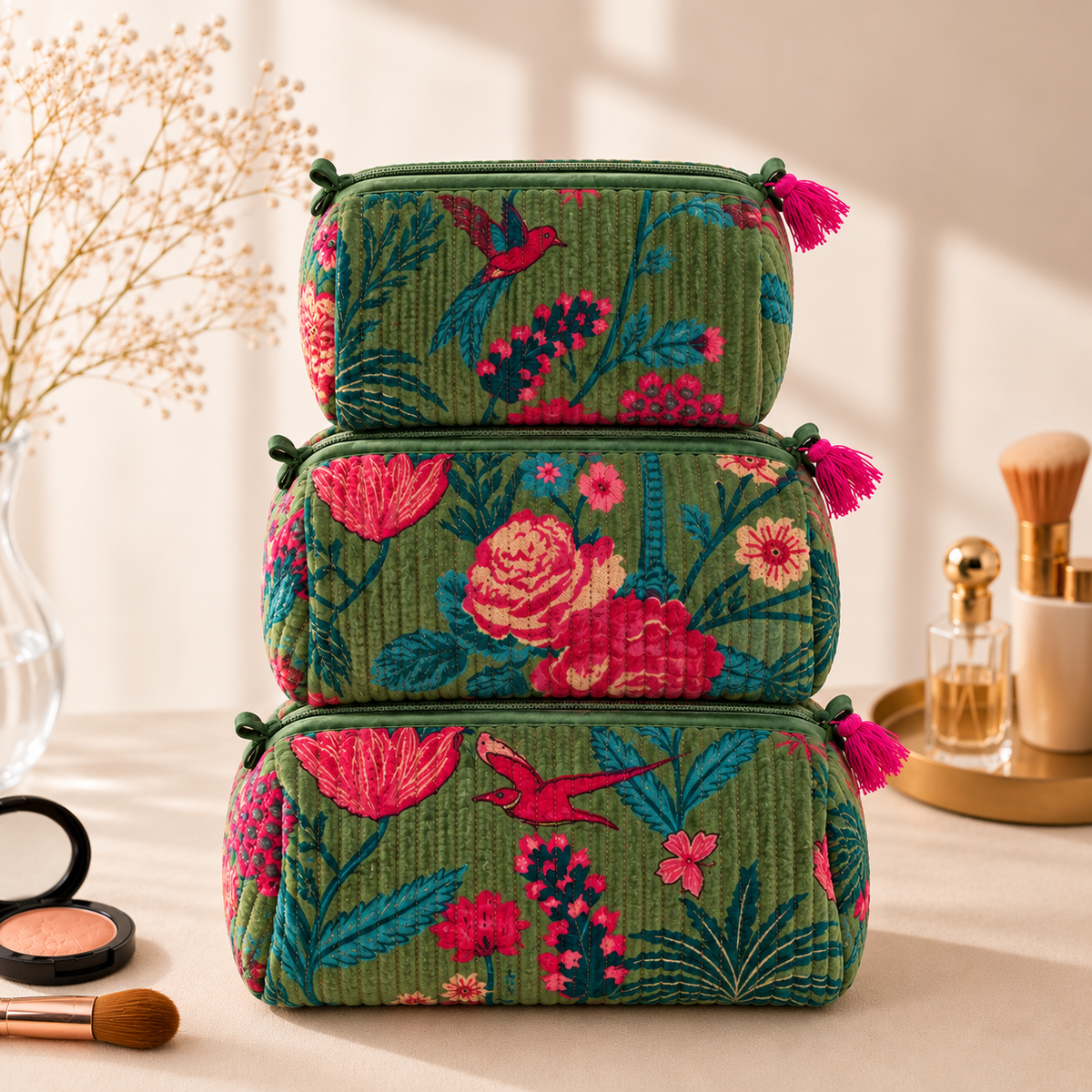 Set Of 3 Makeup Bag, Forest Green Velvet Floral Travel Pouch, Quilted Soft Cosmetic Toiletry Wash Organizer (Copy) (Copy)