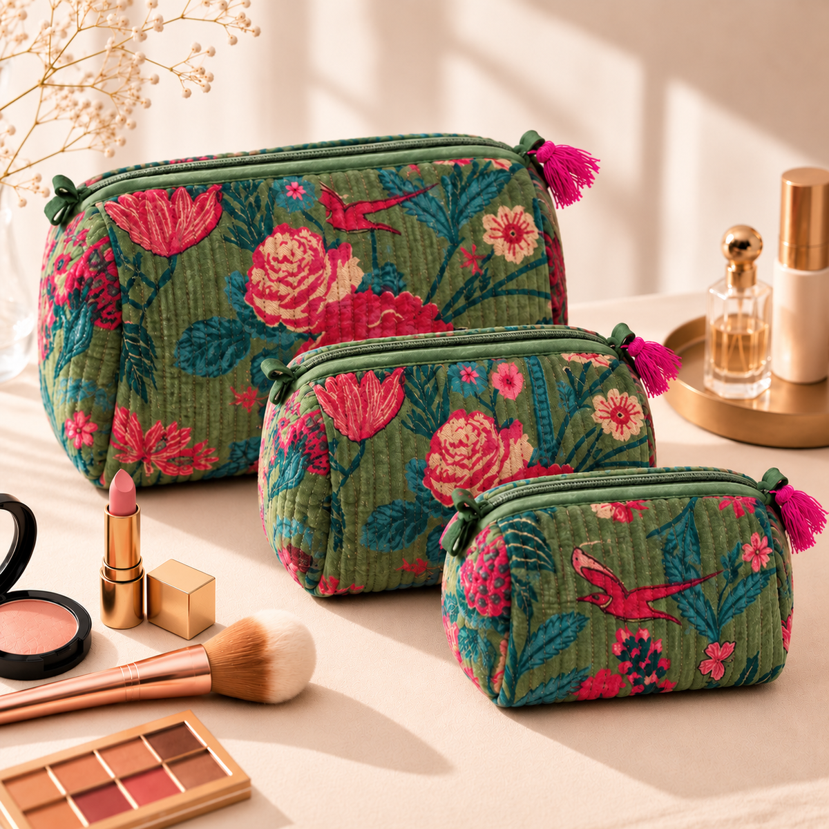Set Of 3 Makeup Bag, Forest Green Velvet Floral Travel Pouch, Quilted Soft Cosmetic Toiletry Wash Organizer (Copy) (Copy)
