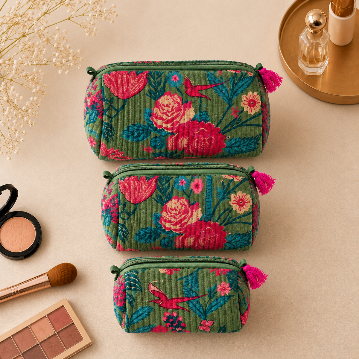 Set Of 3 Makeup Bag, Moss Velvet Garden Floral Print Travel Case, Quilted Velvet Cosmetic Storage Bag Set