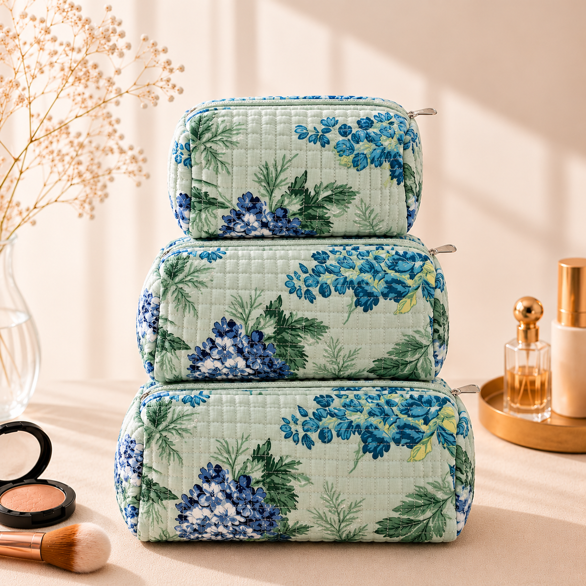 Set Of 3 Makeup Bag, Sage Hydrangea Floral Block Print Cotton Travel Case, Quilted Cosmetic Storage Bag Set