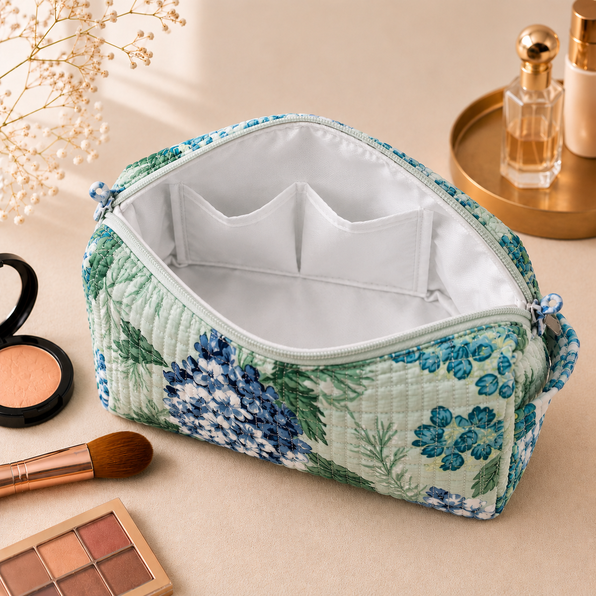 Set Of 3 Makeup Bag, Sage Hydrangea Floral Block Print Cotton Travel Case, Quilted Cosmetic Storage Bag Set