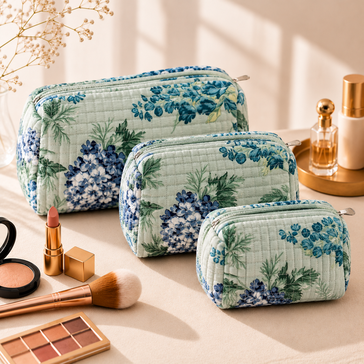 Set Of 3 Makeup Bag, Sage Hydrangea Floral Block Print Cotton Travel Case, Quilted Cosmetic Storage Bag Set