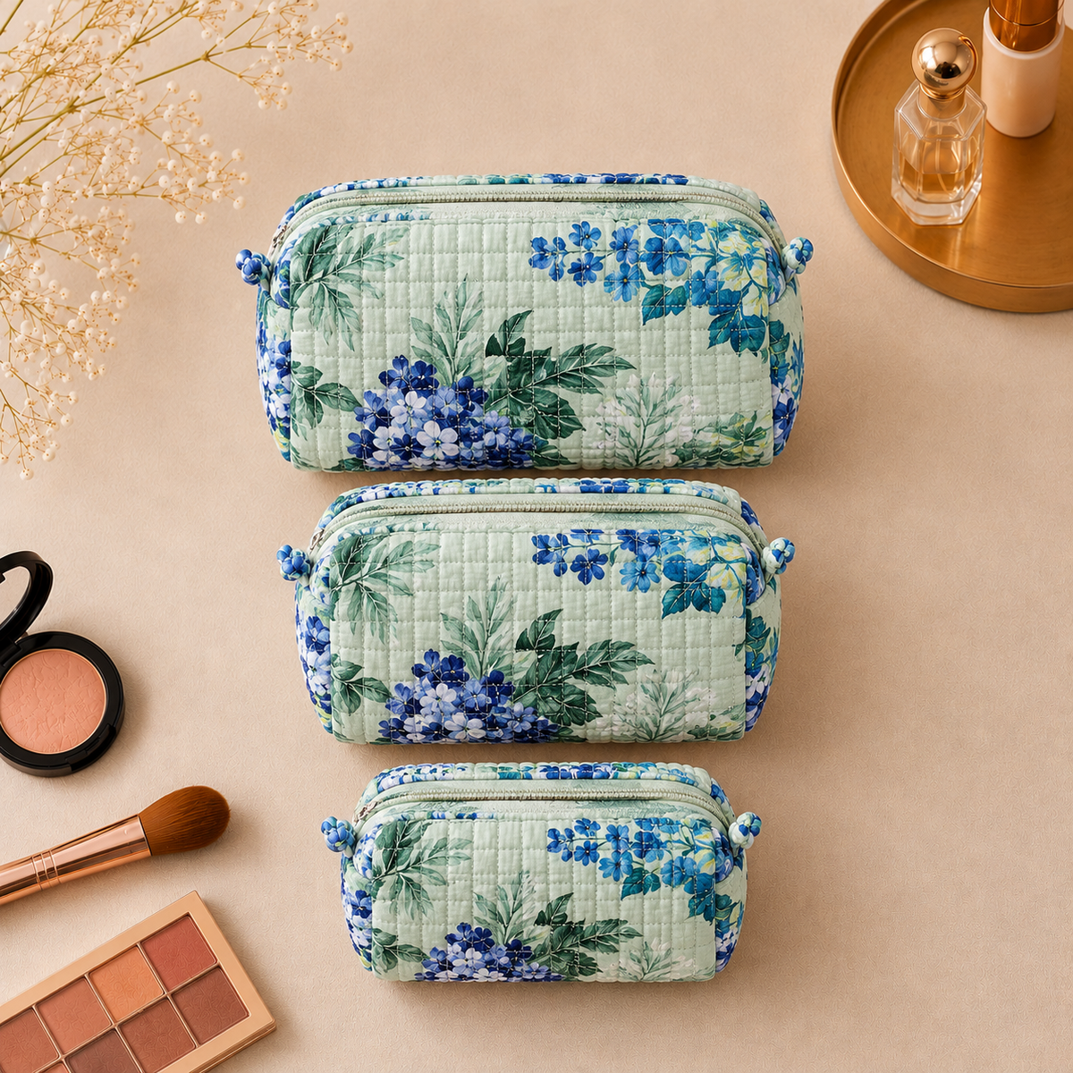 Set Of 3 Makeup Bag, Sage Hydrangea Floral Block Print Cotton Travel Case, Quilted Cosmetic Storage Bag Set