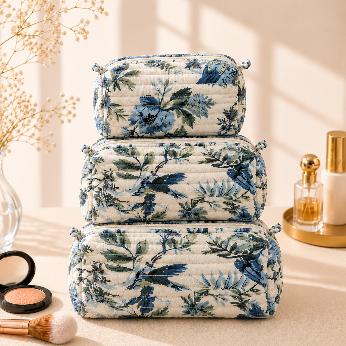 Set Of 3 Makeup Bag, Indigo Botanica Floral Block Print Cotton Travel Case, Quilted Cosmetic Storage Bag Set