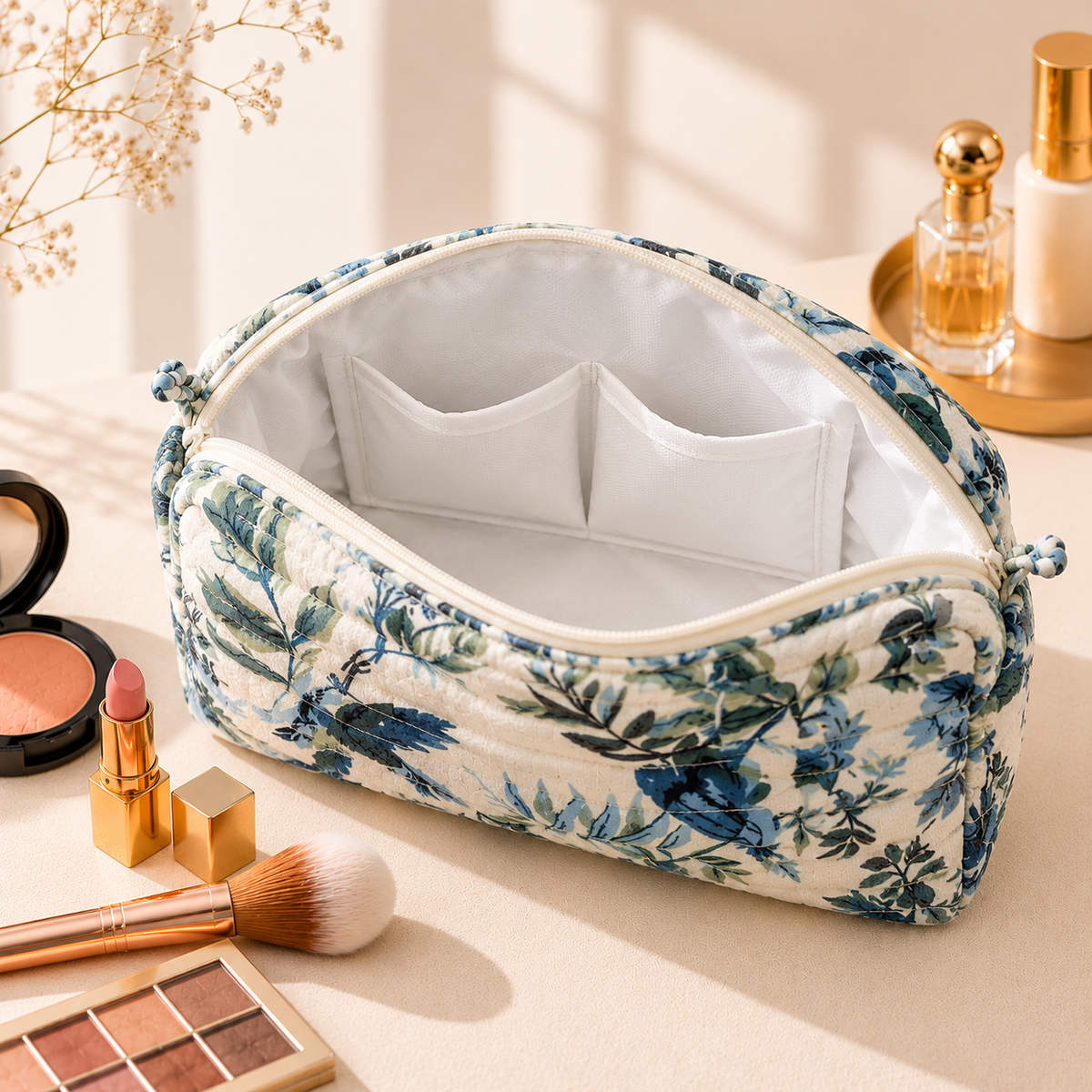 Set Of 3 Makeup Bag, Indigo Botanica Floral Block Print Cotton Travel Case, Quilted Cosmetic Storage Bag Set