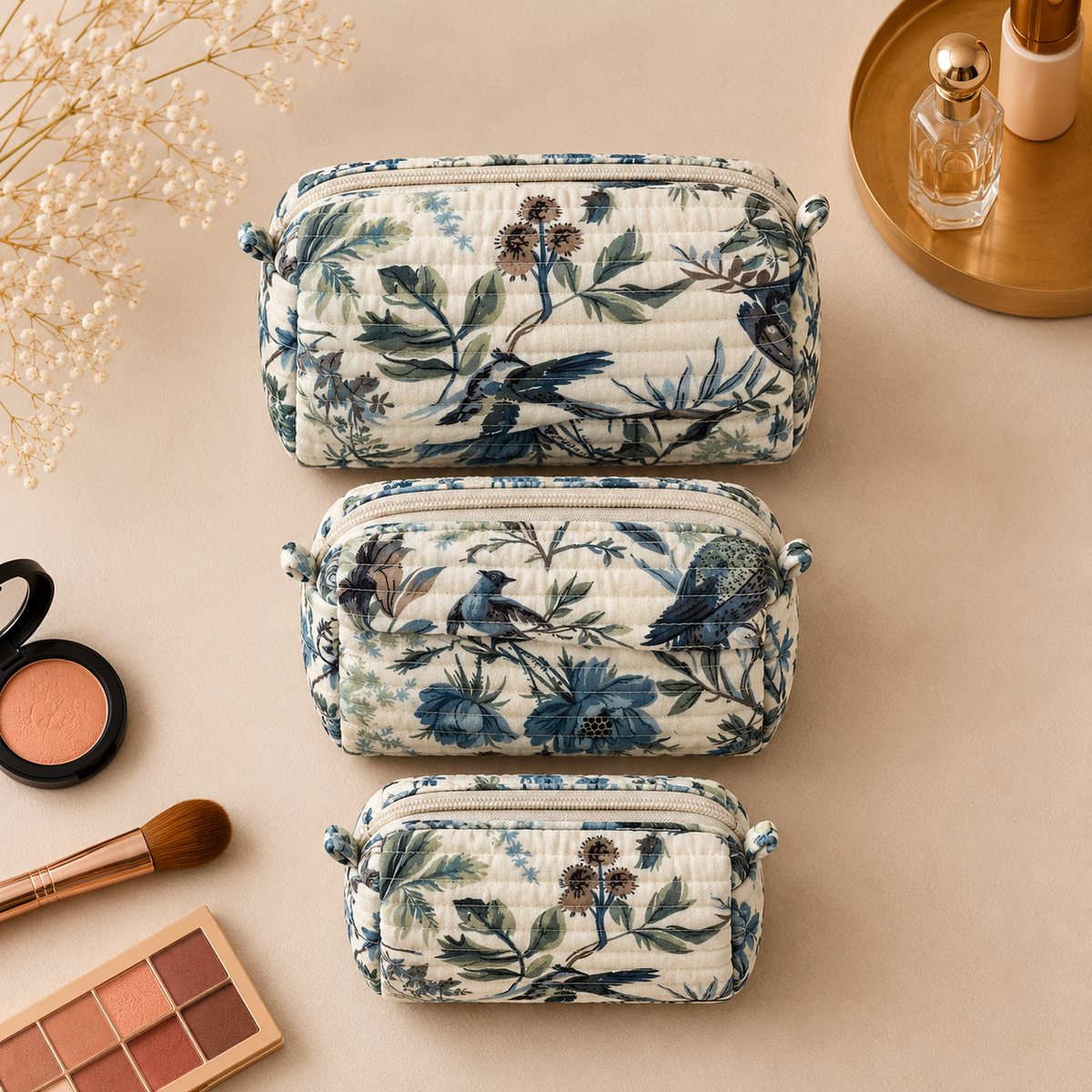 Set Of 3 Makeup Bag, Indigo Botanica Floral Block Print Cotton Travel Case, Quilted Cosmetic Storage Bag Set