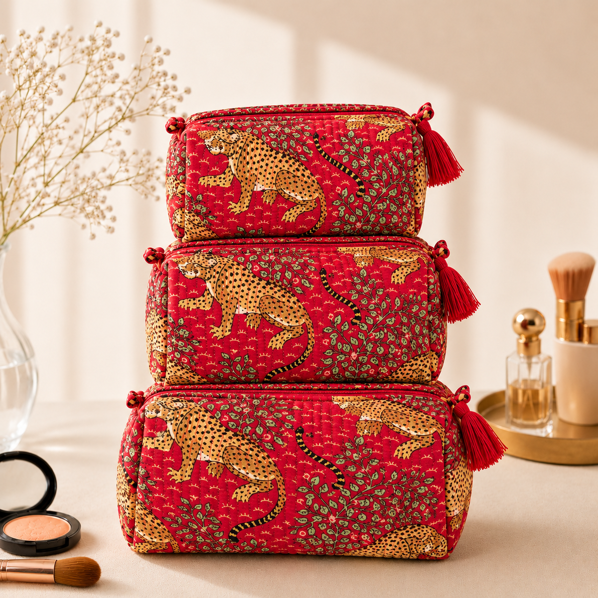 Set Of 3 Makeup Bag, Savannah Leopard Print Block Print Cotton Travel Case, Quilted Cosmetic Storage Bag Set