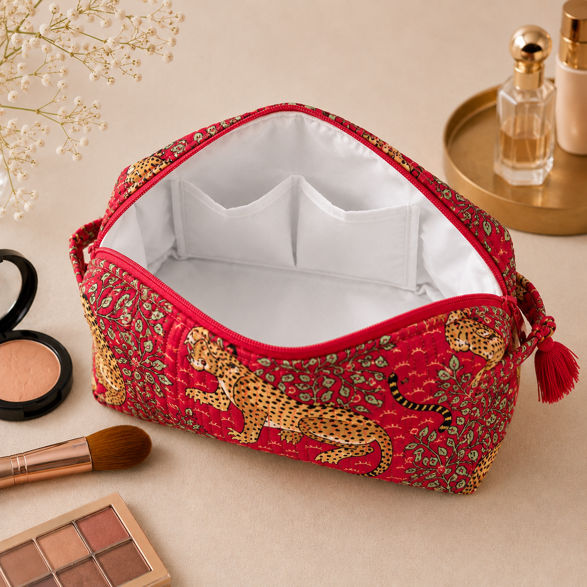 Set Of 3 Makeup Bag, Savannah Leopard Print Block Print Cotton Travel Case, Quilted Cosmetic Storage Bag Set