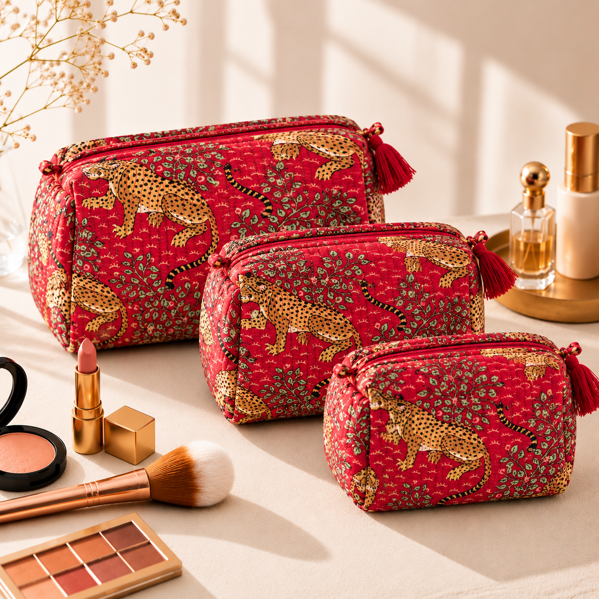 Set Of 3 Makeup Bag, Savannah Leopard Print Block Print Cotton Travel Case, Quilted Cosmetic Storage Bag Set