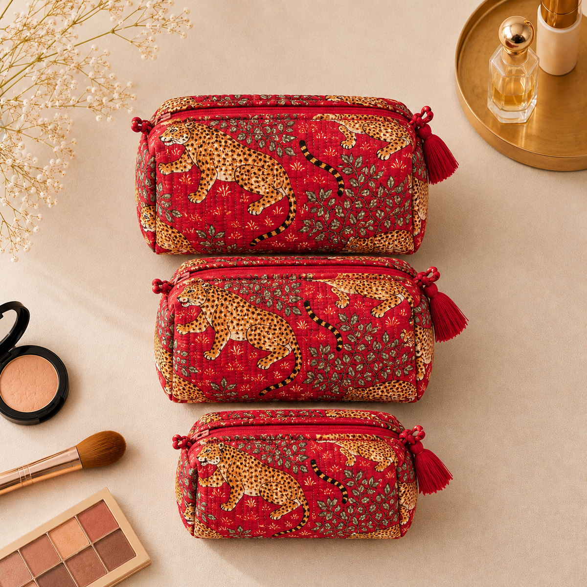 Set Of 3 Makeup Bag, Savannah Leopard Print Block Print Cotton Travel Case, Quilted Cosmetic Storage Bag Set
