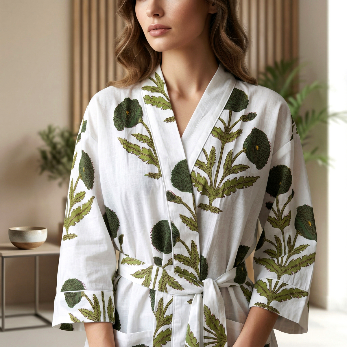 Handcrafted Block Print Cotton Kimono Robe | White & Golden Yellow Floral Botanical Lounge Robe | Spa & Sleepwear