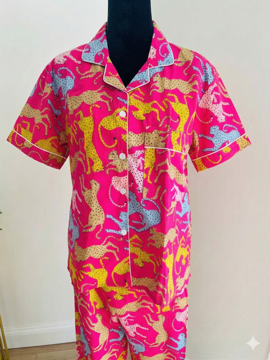 Pink Leopard Hand Block Print Cotton Pajama Set, Holiday Sleepwear &amp; Loungewear, Christmas Gift