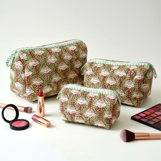 Set Of 3 Makeup Bag, Sage Cypress Tree Block Print Cotton Travel Case, Quilted Cosmetic Storage Bag Set