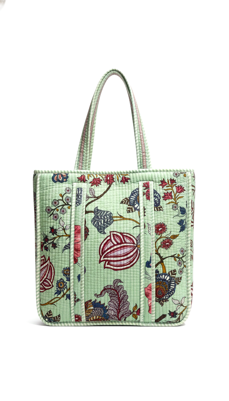 Handmade Green Floral Block Print Quilted Cotton Tote Bag, Indian Boho Shoulder Bag, Botanical Travel Shopping Beach Bag