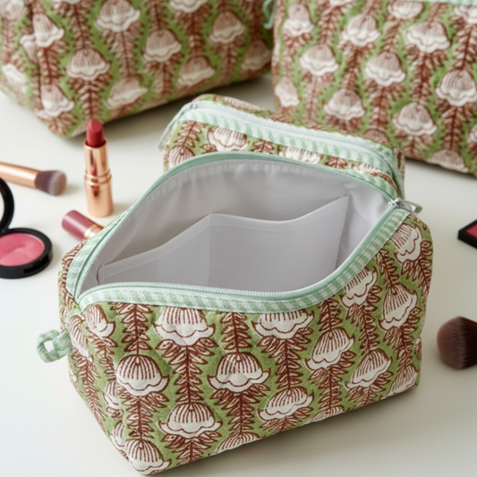 Set Of 3 Makeup Bag, Sage Cypress Tree Block Print Cotton Travel Case, Quilted Cosmetic Storage Bag Set