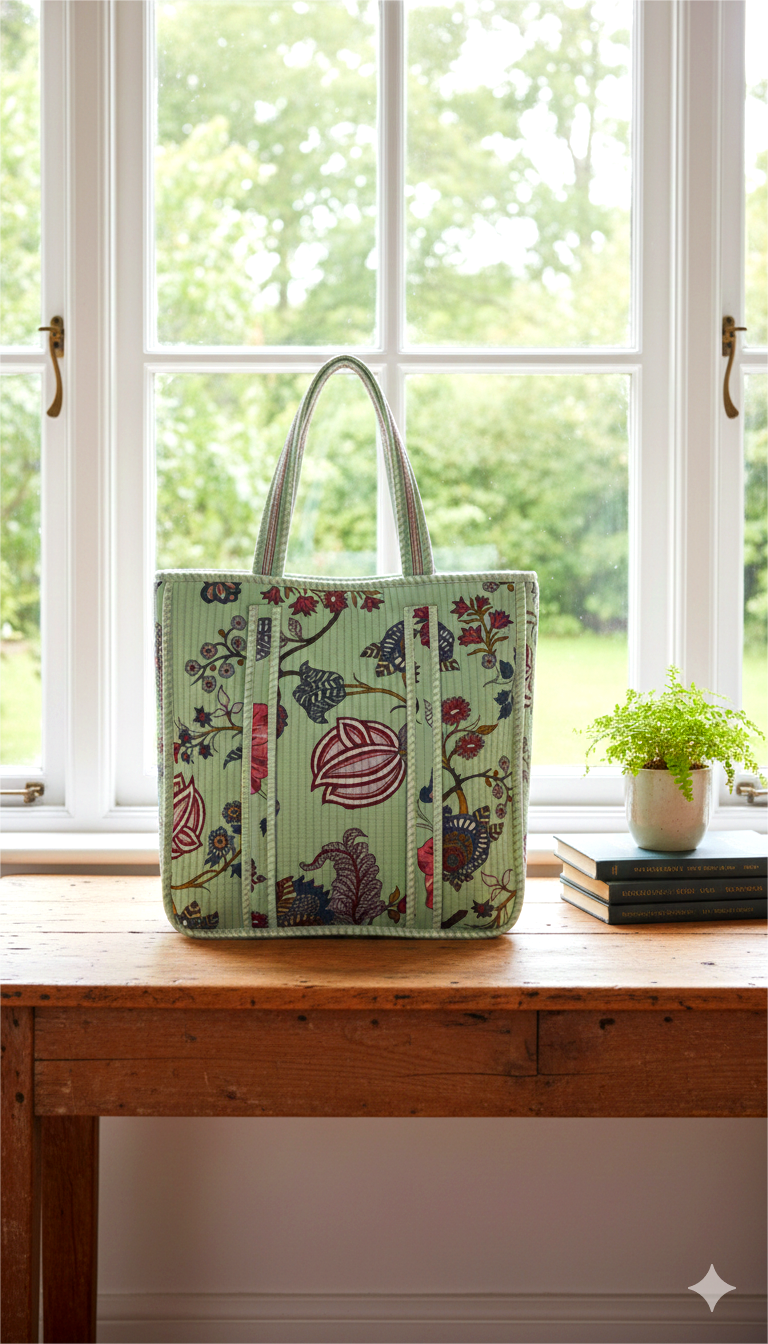 Handmade Green Floral Block Print Quilted Cotton Tote Bag, Indian Boho Shoulder Bag, Botanical Travel Shopping Beach Bag
