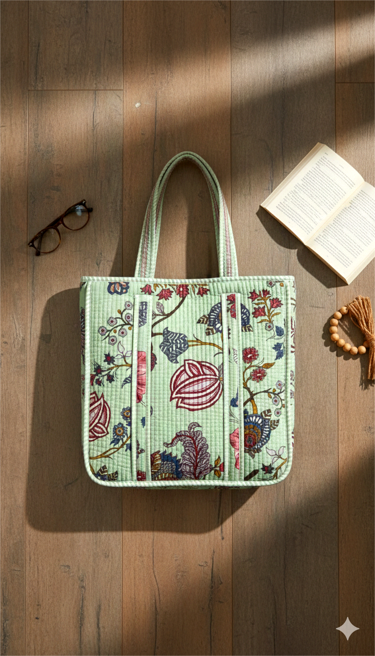 Handmade Green Floral Block Print Quilted Cotton Tote Bag, Indian Boho Shoulder Bag, Botanical Travel Shopping Beach Bag