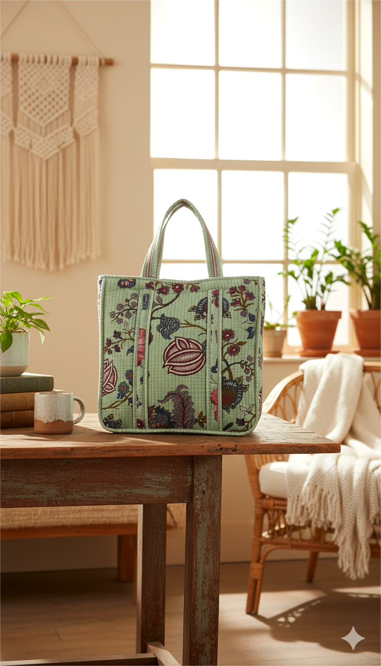 Handmade Green Floral Block Print Quilted Cotton Tote Bag, Indian Boho Shoulder Bag, Botanical Travel Shopping Beach Bag