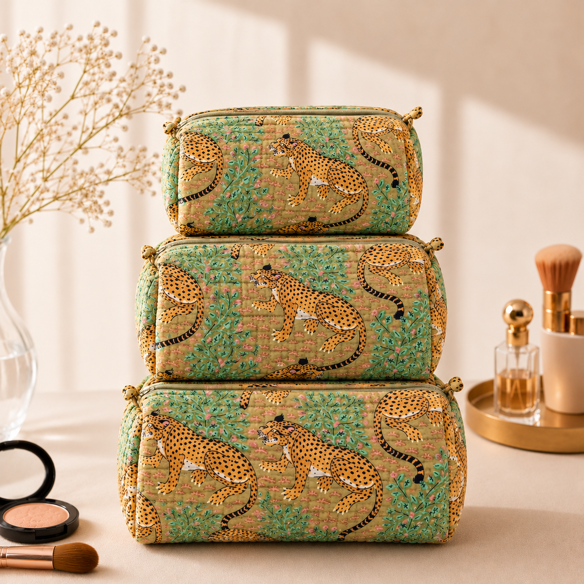 Set Of 3 Makeup Bag, Savannah Leopard Print Block Print Cotton Travel Case, Quilted Cosmetic Storage Bag Set