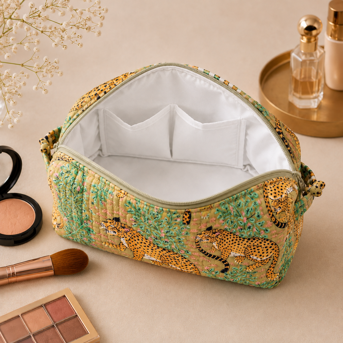 Set Of 3 Makeup Bag, Savannah Leopard Print Block Print Cotton Travel Case, Quilted Cosmetic Storage Bag Set
