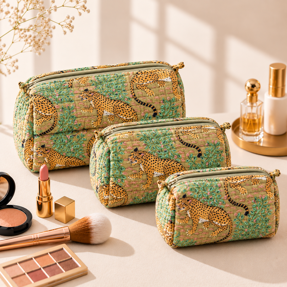 Set Of 3 Makeup Bag, Savannah Leopard Print Block Print Cotton Travel Case, Quilted Cosmetic Storage Bag Set