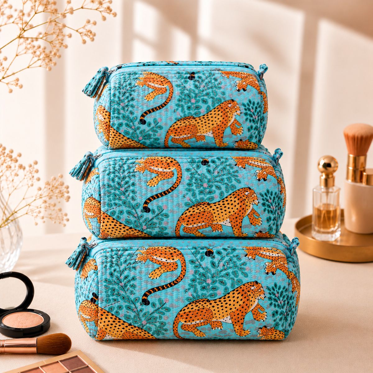Set Of 3 Makeup Bag, Savannah Leopard Print Block Print Cotton Travel Case, Quilted Cosmetic Storage Bag Set