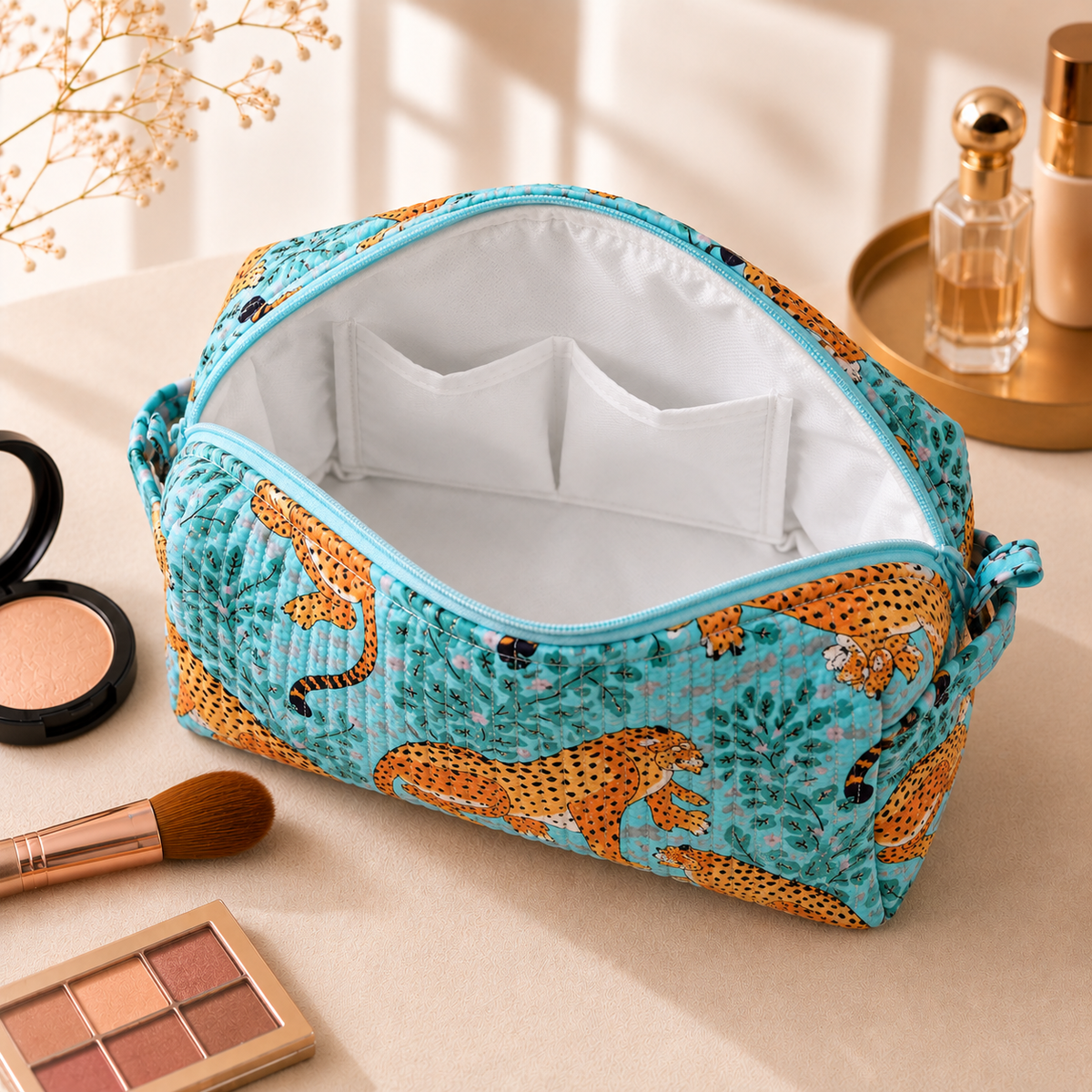 Set Of 3 Makeup Bag, Savannah Leopard Print Block Print Cotton Travel Case, Quilted Cosmetic Storage Bag Set