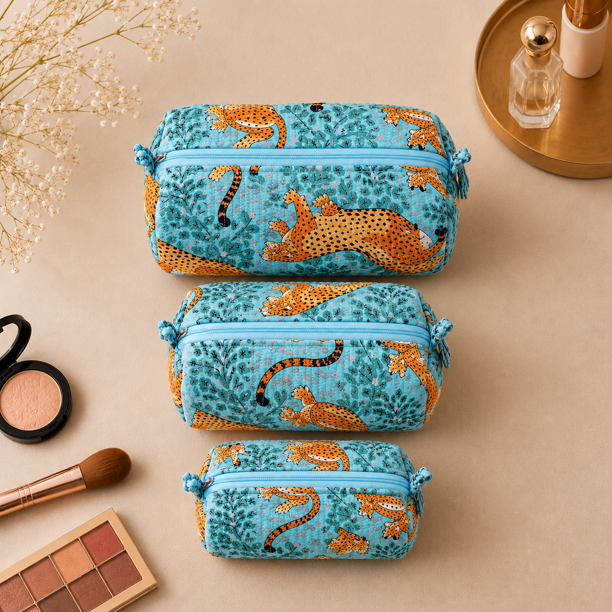 Set Of 3 Makeup Bag, Savannah Leopard Print Block Print Cotton Travel Case, Quilted Cosmetic Storage Bag Set