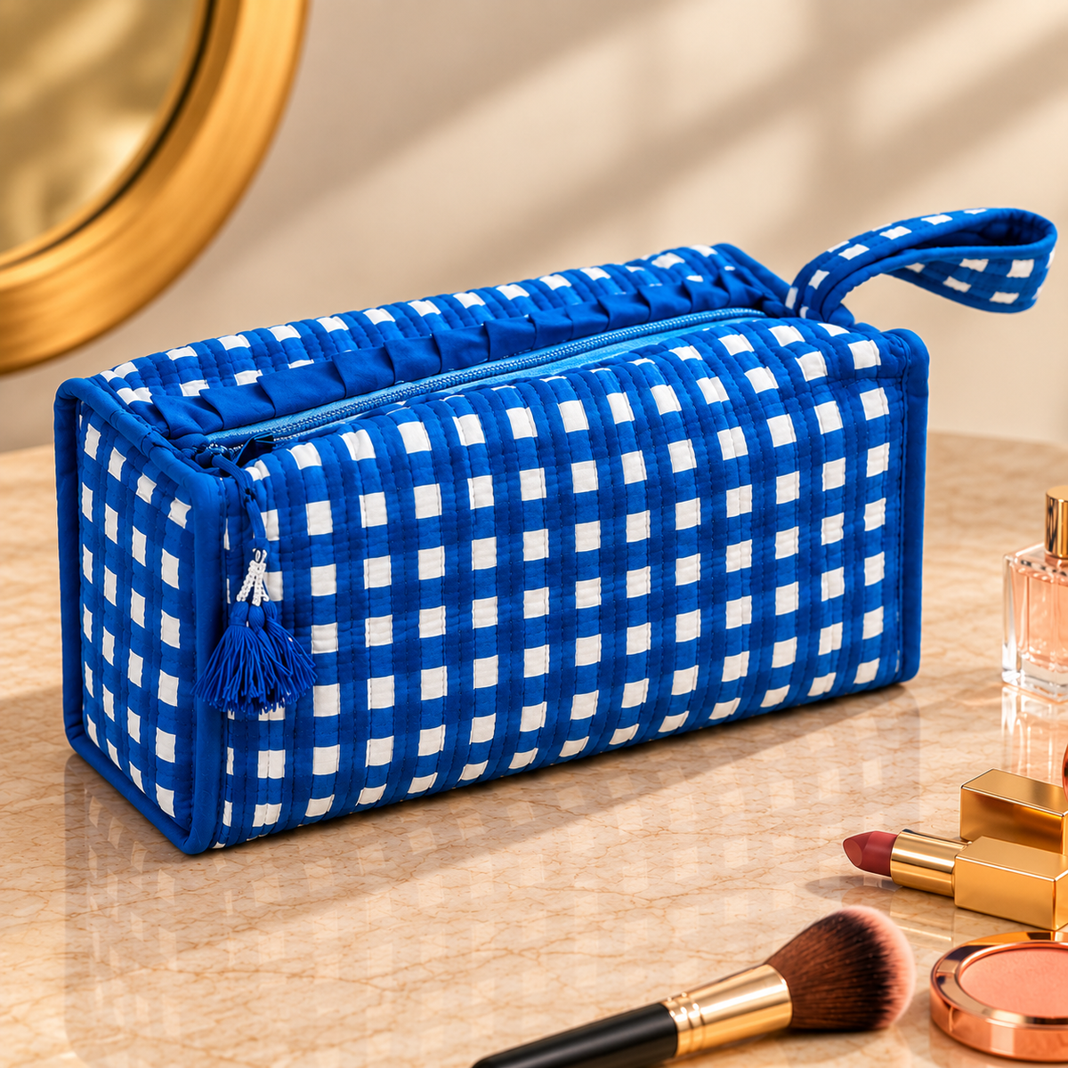 Large Quilted Makeup Bag, Coastal Stripe Travel Toiletry Case, Cotton Cosmetic Storage Bag with Handle