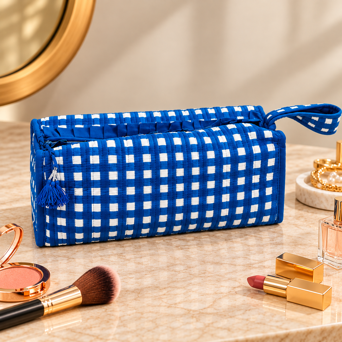 Large Quilted Makeup Bag, Coastal Stripe Travel Toiletry Case, Cotton Cosmetic Storage Bag with Handle